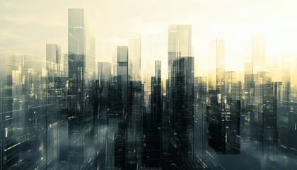 The illustration shows a stylized city skyline with tall, translucent buildings at sunrise, depicted in a digital art style with a muted color palette.
