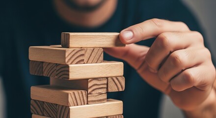 Economic recession, A person is carefully removing a wooden block from a stack, demonstrating precision and focus in a game.