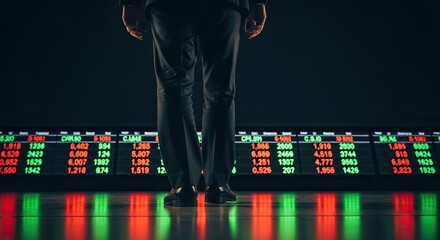 Economic recession, A business professional stands before a digital stock market display, observing fluctuating financial data illuminated in vibrant green and red.