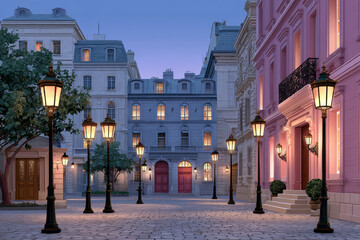 Naklejka premium A charming European street at dusk, with warm lighting illuminating the scene. The architecture is characterized by ornate facades and balconies, typical of historic city centers.