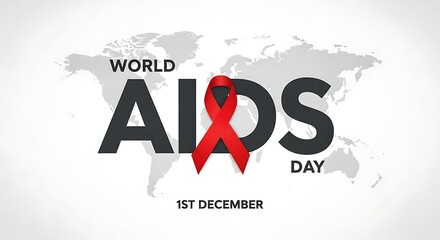 World aids day awareness graphic with a red ribbon and text on a world map background on december 1st