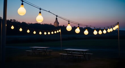 Fototapeta premium Enchanted Evening with Glowing String Lights and Picnic Tables Under a Twilight Sky, Perfect for Outdoor Gatherings and Celebrations