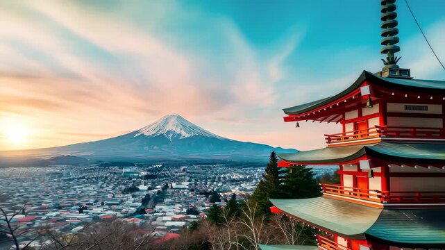 Majestic Mount Fuji view from a red pagoda serene sunrise, 4k video footage