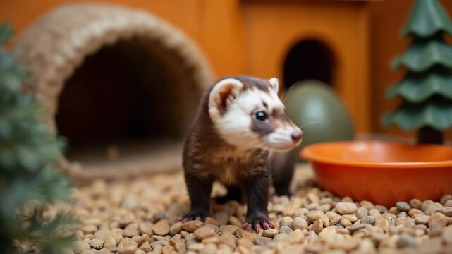 Domestic Ferret Exploring Its Habitat Among Decorative Elements for Pet Care Blogs, Animal Awareness Websites, and Educational Content on Ferrets