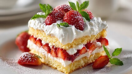 Strawberry shortcake layers with cream and mint garnish