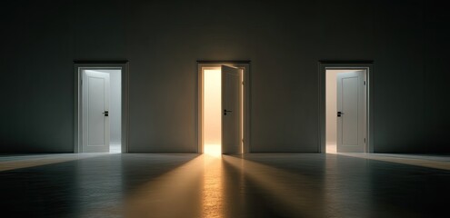 Obraz premium Three doors, one open with bright light, others partially visible, setting in shadow