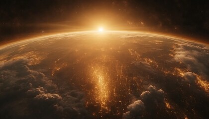 An illustration shows a sunrise over Earth as viewed from space, with city lights visible through the clouds below.