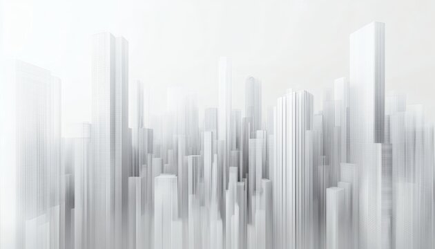 The illustration shows a cityscape with many white skyscrapers, creating an abstract and modern design.