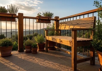 Rustic Wooden Bench in Balcony Corner