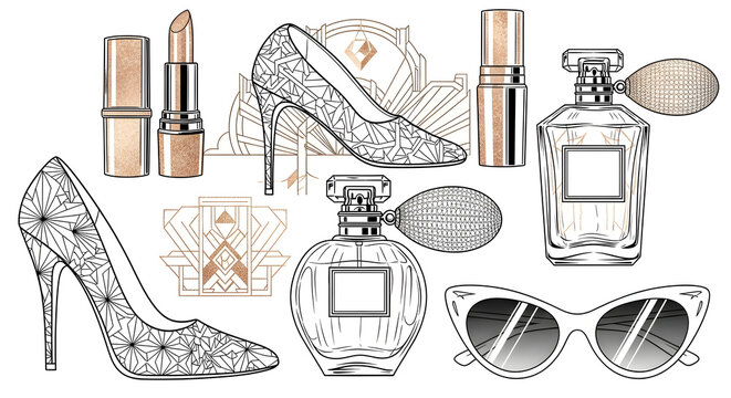 Luxury art deco fashion line-art. Stylized high heels, lipsticks, perfume bottles, and cat-eye sunglasses. Opulent motif with black, white, and rose gold foil accents