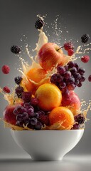 Fruit exploding from bowl, splash, grapes, apples, oranges