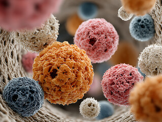 realistic digitally generated image of colorful detailed cells moving through an intricate biological pathway clearly