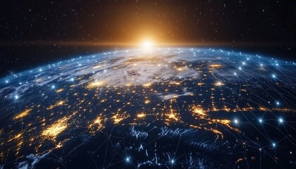 The illustration showcases a detailed view of Earth at night with illuminated cities and a network of glowing lines representing global communication and connectivity.