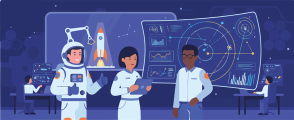 Commercial Space Exploration Team Vector Illustration. Wide Landscape Astronauts Preparing Launch © Vecto Graph