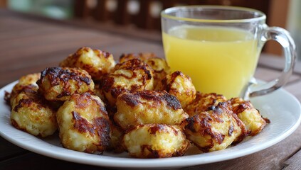 Golden brown fried cauliflower beside bright juice