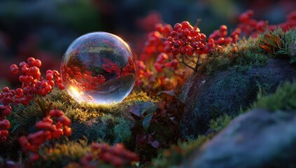 Orb rests among berries, mossy rocks, reflection inside