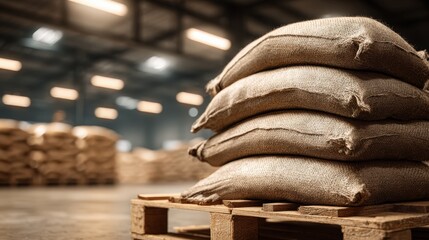 Poultry feed sacks are neatly stacked on a wooden pallet in a well-lit barn. The rustic environment highlights the farm's organic and clean appeal, ideal for small business mockups