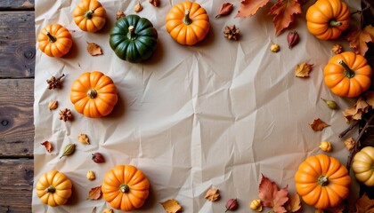 Autumn Harvest Scene with Mini Pumpkins and Leaves