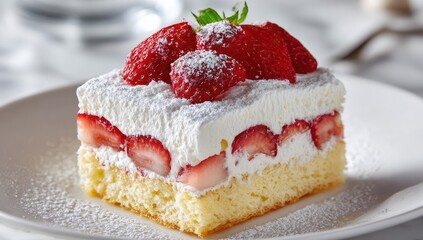 Strawberry shortcake slice, layered, dusted with sugar