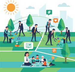 Corporate Social Responsibility (CSR) Community Impact Vector Illustration. Wide Landscape Team Volunteering