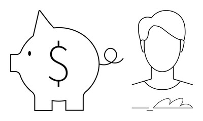 Piggy bank with dollar sign beside an anonymous person outline. Ideal for savings, banking, personal finance, budgeting, investments, economic education, and financial awareness. Simple flat metaphor