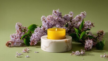 Lit candle encircled by lilacs on green backdrop