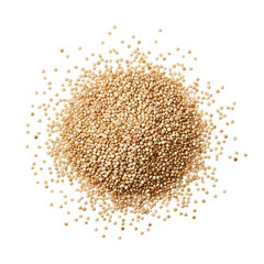 A pile of tiny light brown quinoa seeds scattered on a stark black background from a top down view