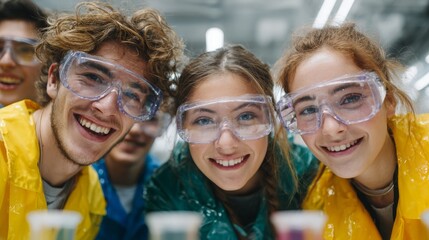 A group of diverse students wearing safety goggles enthusiastically conduct chemistry experiments, sharing smiles and demonstrating teamwork in a bright laboratory environment.