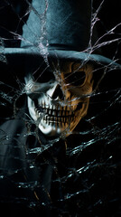 A skull with a hat is looking through a broken glass with a scary face