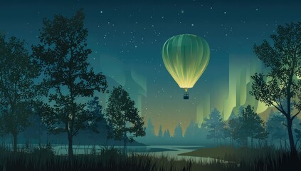 Night scenery balloon over a lake, aurora, stylized trees