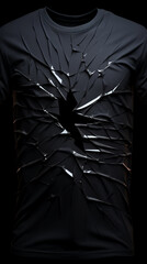 A black tshirt is shattered with paper shards on a black background creating drama