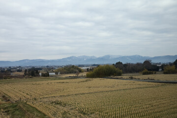View of landscape Yufuin village in the winter after snow fall