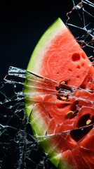 A slice of watermelon is seen through a broken glass on a dark background