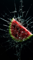 A slice of watermelon is seen through a broken glass on a black background