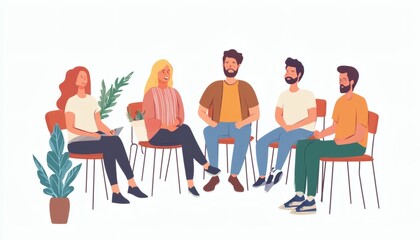 Five people, two women and three men, are sitting in a circle, talking and interacting with each other in a casual setting.