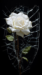 A single white rose is seen through shattered glass against a black background