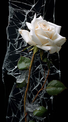 A white rose is seen through a broken glass on a black background