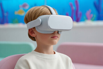 A young boy wearing virtual reality (VR) glasses, sitting in what appears to be a colorful room designed for children's entertainment or learning.