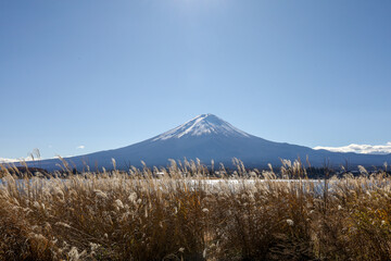 View of landscape fuji mountain in winter at Lake Kawaguchi