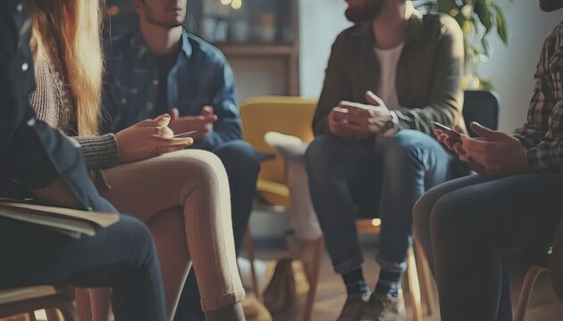A small group of people are sitting in a circle, likely participating in a discussion, support group, or therapy session.
