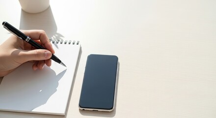 Economic recession, saving conscious, A hand holds a pen above a blank notepad, next to a smartphone and a cup, on a clean, light surface