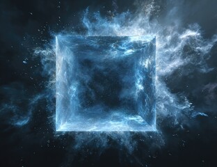 Luminous cube surrounded by nebula-like blue light