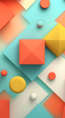 A vibrant geometric composition featuring squares, circles, and triangles in pastel colors