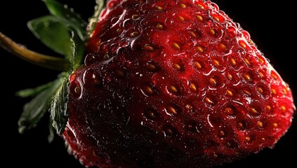 Wet, ripe strawberry close-up with seeds and green leaves