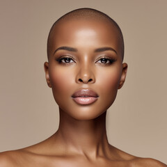 Black woman with shaved head posing confidently on neutral background  
