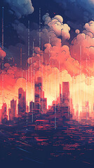 A vibrant cityscape silhouette against a dramatic sunset sky, with glowing lights