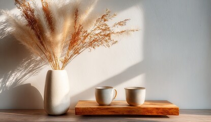 Pampas grass decor, cups, wood, sunlight on the wall