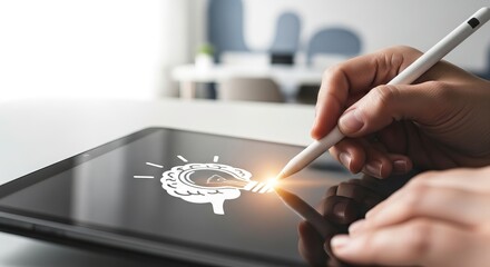 A hand using a stylus to draw a brain illustration on a tablet screen, showcasing creativity and digital design.