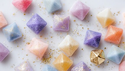 Pastel, faceted pyramids scattered, speckled with gold glitters