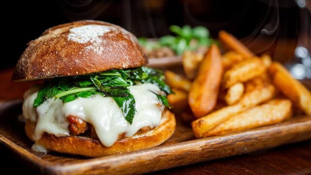 Melting cheeseburger with fries on tray